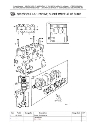 Product Catalog  AGRICULTURAL  AGRICULTURE  TELESCOPIC HANDLERS (LOADALL)  520M-4 00500000-
00519999,00560153-00560999 9802/7300  L ENGINE 4.236 & T4.236  L01 ENGINE,BLOCK & SUB-ASSEMBLIES
9802/7300 L1-8-1 ENGINE, SHORT IMPERIAL LD BUILD
Item Part # Change No Description Usage Code QTY
1 02/101325 Engine Short imperial 1
2 ****
'See Remark'
See L 1-1-1
1
页码，1/2(W)
w
2016/6/9
http://localhost:8033/ProductCatalog/DrawingPrint.aspx?ServicePartsPageID=9d911a91...
 