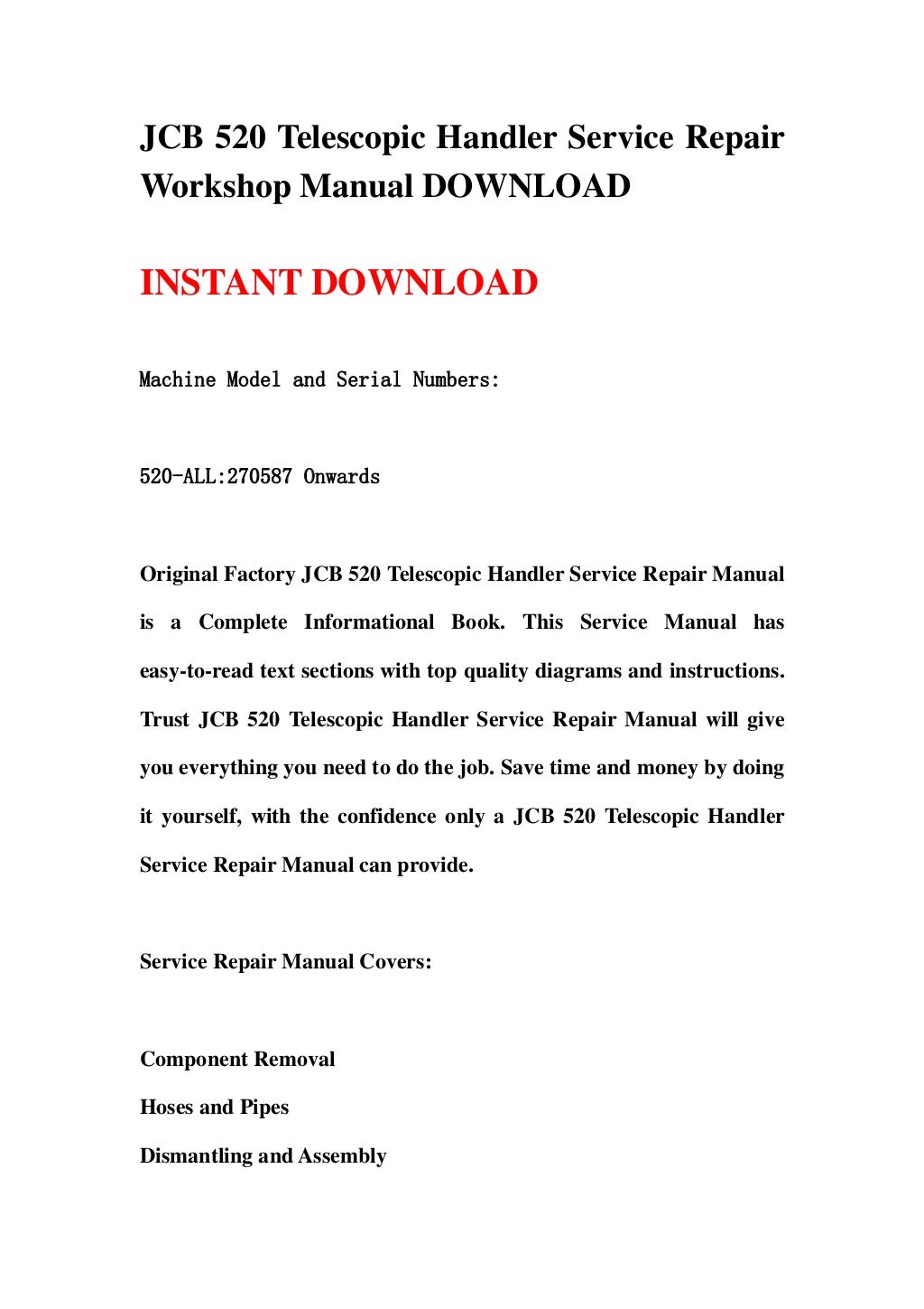 Jcb 520 telescopic handler service repair workshop manual download