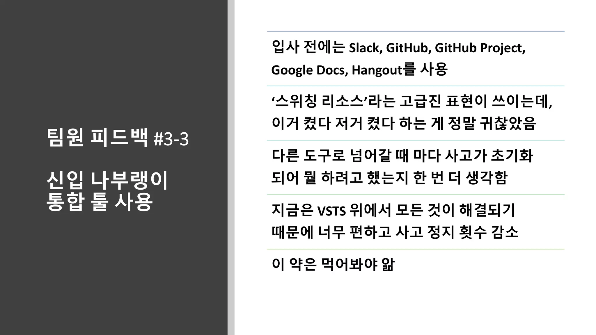 팀원 피드백 #3-3
신입 나부랭이
통합 툴 사용
입사 전에는 Slack, GitHub, GitHub Project,
Google Docs, Hangout를 사용
‘스위칭 리소스’라는 고급진 표현이 쓰이는데,
이거 켰다 저거 켰다 하는 게 정말 귀찮았음
다른 도구로 넘어갈 때 마다 사고가 초기화
되어 뭘 하려고 했는지 한 번 더 생각함
지금은 VSTS 위에서 모든 것이 해결되기
때문에 너무 편하고 사고 정지 횟수 감소
이 약은 먹어봐야 앎
 