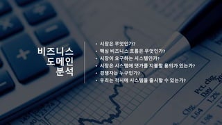 비즈니스
도메인
분석
• 시장은 무엇인가?
• 핵심 비즈니스 흐름은 무엇인가?
• 시장이 요구하는 시스템인가?
• 시장은 시스템에 댓가를 지불할 용의가 있는가?
• 경쟁자는 누구인가?
• 우리는 적시에 시스템을 출시할 수 있는가?
 