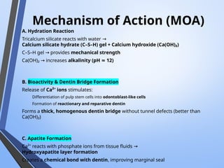 Mechanism of Action (MOA)
A. Hydration Reaction
Tricalcium silicate reacts with water →
Calcium silicate hydrate (C–S–H) gel + Calcium hydroxide (Ca(OH)₂)
C–S–H gel provides
→ mechanical strength
Ca(OH)₂ increases
→ alkalinity (pH 12)
≈
B. Bioactivity & Dentin Bridge Formation
Release of Ca²⁺ ions stimulates:
Differentiation of pulp stem cells into odontoblast-like cells
Formation of reactionary and reparative dentin
Forms a thick, homogenous dentin bridge without tunnel defects (better than
Ca(OH)₂)
C. Apatite Formation
Ca²⁺ reacts with phosphate ions from tissue fluids →
Hydroxyapatite layer formation
Creates a chemical bond with dentin, improving marginal seal
 