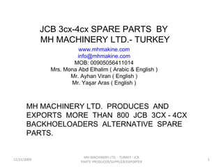 JCB 3cx-4cx SPARE PARTS  BY  MH MACHINERY LTD.- TURKEY MH MACHINERY LTD.  PRODUCES  AND EXPORTS  MORE  THAN  800  JCB  3CX - 4CX BACKHOELOADERS  ALTERNATIVE  SPARE PARTS. www.mhmakine.com [email_address] MOB: 00905056411014 Mrs. Mona Abd Elhalim ( Arabic & English ) Mr. Ayhan Viran ( English ) Mr. Yaşar Aras ( English ) 12/31/2009 MH MACHINERY LTD. - TURKEY - JCB PARTS' PRODUCER/SUPPLIER/EXPORTER 