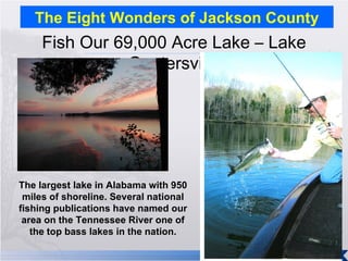 The Eight Wonders of Jackson County Fish Our 69,000 Acre Lake – Lake Guntersville The largest lake in Alabama with 950 miles of shoreline. Several national fishing publications have named our area on the Tennessee River one of the top bass lakes in the nation. 