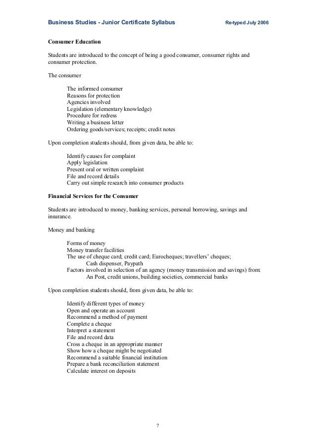 Junior Certificate Business Studies Syllabus