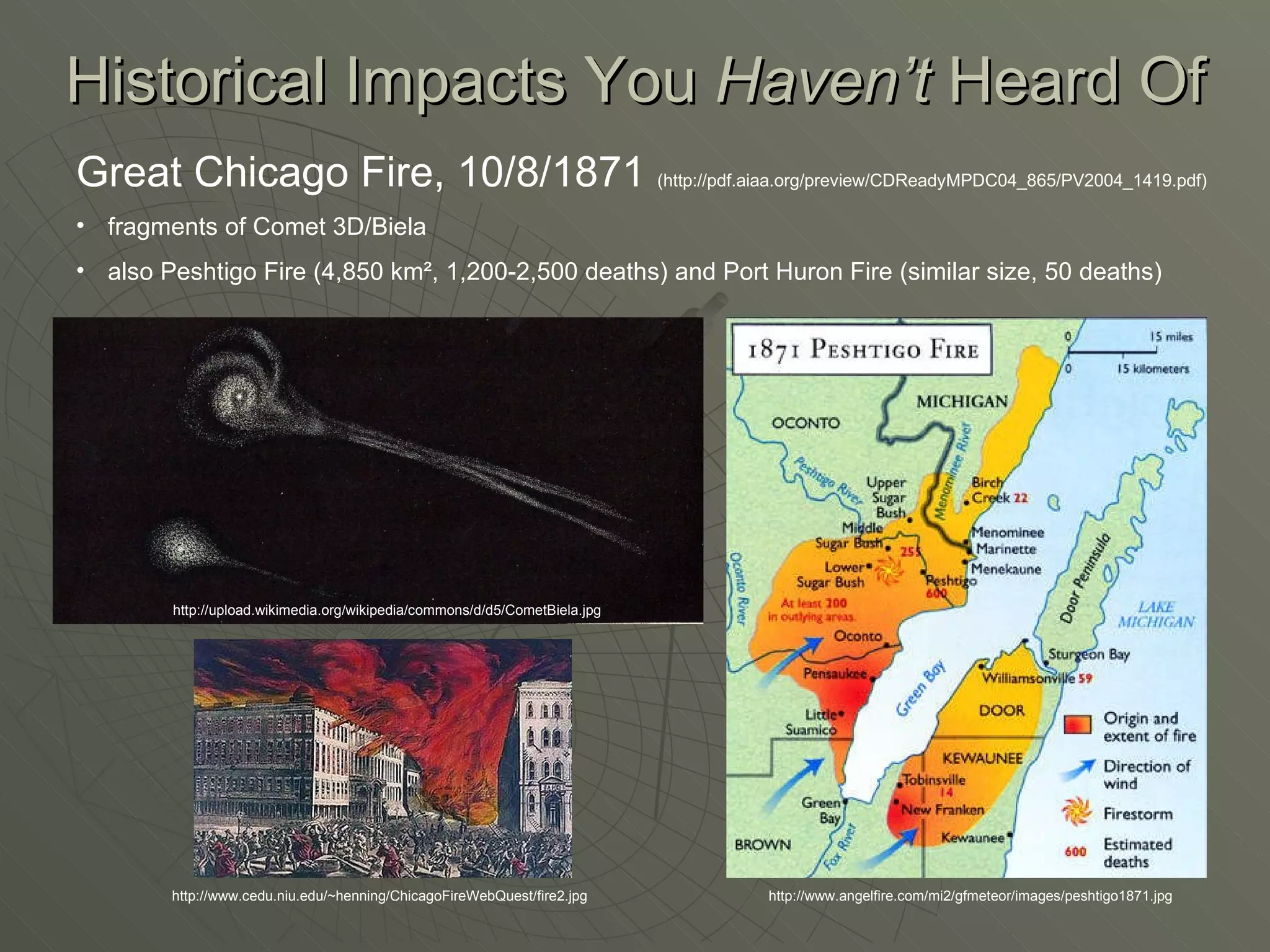 Great Chicago Fire, 10/8/1871  (http://pdf.aiaa.org/preview/CDReadyMPDC04_865/PV2004_1419.pdf) fragments of Comet 3D/Biela also Peshtigo Fire (4,850 km², 1,200-2,500 deaths) and Port Huron Fire (similar size, 50 deaths) Historical Impacts You  Haven’t  Heard Of http://www.cedu.niu.edu/~henning/ChicagoFireWebQuest/fire2.jpg http://www.angelfire.com/mi2/gfmeteor/images/peshtigo1871.jpg http://upload.wikimedia.org/wikipedia/commons/d/d5/CometBiela.jpg 