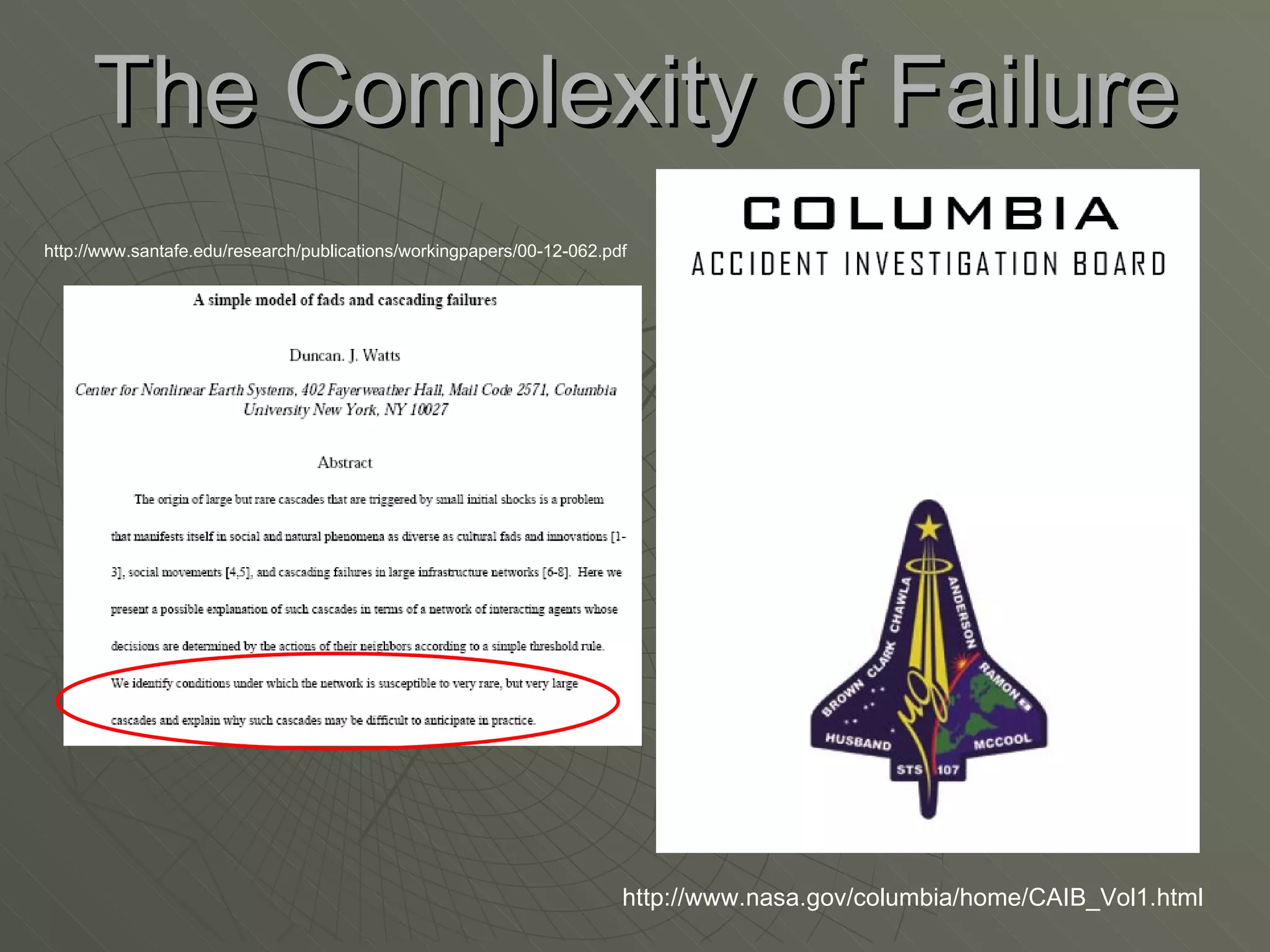 The Complexity of Failure http://www.santafe.edu/research/publications/workingpapers/00-12-062.pdf http://www.nasa.gov/columbia/home/CAIB_Vol1.html 