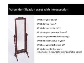Value Identification starts with introspection What are your goals? What do you value? What do you like to do?  What are your personal drivers? What are you known for knowing? What do others value in you?  What are you most proud of?  What do you do that adds  remarkable, measurable, distinguishable value?  