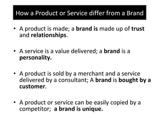 A product is made; a  brand is  made up of  trust  and  relationships . A service is a value delivered; a  brand  is a  personality.   A product is sold by a merchant and a service delivered by a consultant; A  brand  is  bought by a customer .  A product or service can be easily copied by a competitor;  a brand is unique.  How a Product or Service differ from a Brand 