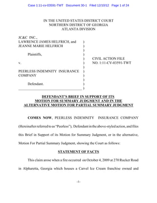 IN THE UNITED STATES DISTRICT COURT
NORTHERN DISTRICT OF GEORGIA
ATLANTA DIVISION
JC&C INC.,
LAWRENCE JAMES HELFRICH, and )
JEANNE MARIE HELFRICH )
)
Plaintiffs, )
) CIVIL ACTION FILE
v. ) NO. 1:11-CV-03591-TWT
)
PEERLESS INDEMNITY INSURANCE )
COMPANY )
)
Defendant. )
___________________________________ )
DEFENDANT’S BRIEF IN SUPPORT OF ITS
MOTION FOR SUMMARY JUDGMENT AND IN THE
ALTERNATIVE MOTION FOR PARTIAL SUMMARY JUDGMENT
COMES NOW, PEERLESS INDEMNITY INSURANCE COMPANY
(Hereinafter referred to as“Peerless”), Defendant in theabove-styled action,and files
this Brief in Support of its Motion for Summary Judgment, or in the alternative,
Motion For Partial Summary Judgment, showing the Court as follows:
STATEMENT OF FACTS
This claim arose when a fire occurred on October 4, 2009 at 270 Rucker Road
in Alpharetta, Georgia which houses a Carvel Ice Cream franchise owned and
-1-
Case 1:11-cv-03591-TWT Document 30-1 Filed 12/10/12 Page 1 of 24
 