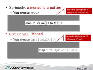 #JCConf
• Seriously, a monad is a pattern
– You create M<T>
– do actions on M<T>
– get and map T value(s) to M<U>
– do actions on M<U> or else
• Optional Monad
– You create Optional<T>
– invoke isPresent of Optional<T>
– if true, get and map T to Optional<U>
– if false, return Optional.empty()
Hide the boilerplate of
computational context
Hide the boilerplate of
"if non-null“ logic
22
 