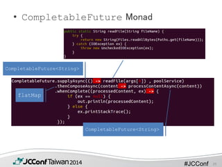 #JCConf
• CompletableFuture Monad
flatMap
CompletableFuture<String>
CompletableFuture<String>
29
 