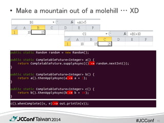 #JCConf
• Make a mountain out of a molehill … XD
41
 