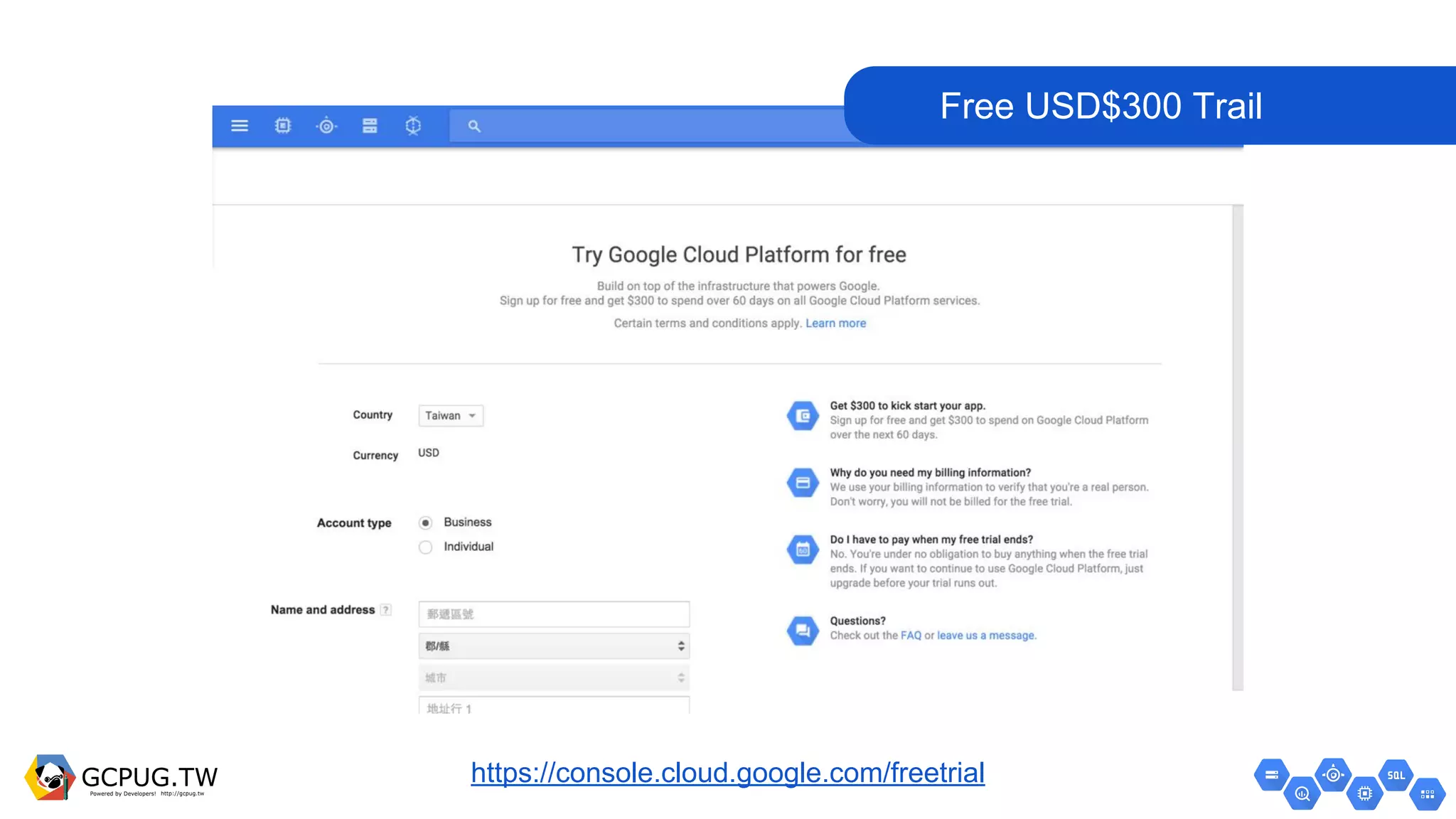 https://console.cloud.google.com/freetrial
Free USD$300 Trail
 