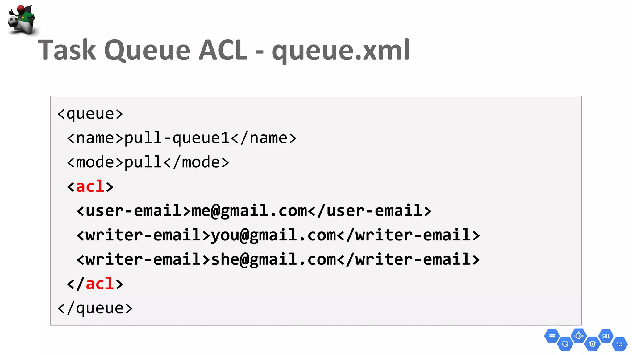 <queue>
<name>pull-queue1</name>
<mode>pull</mode>
<acl>
<user-email>me@gmail.com</user-email>
<writer-email>you@gmail.com</writer-email>
<writer-email>she@gmail.com</writer-email>
</acl>
</queue>
 