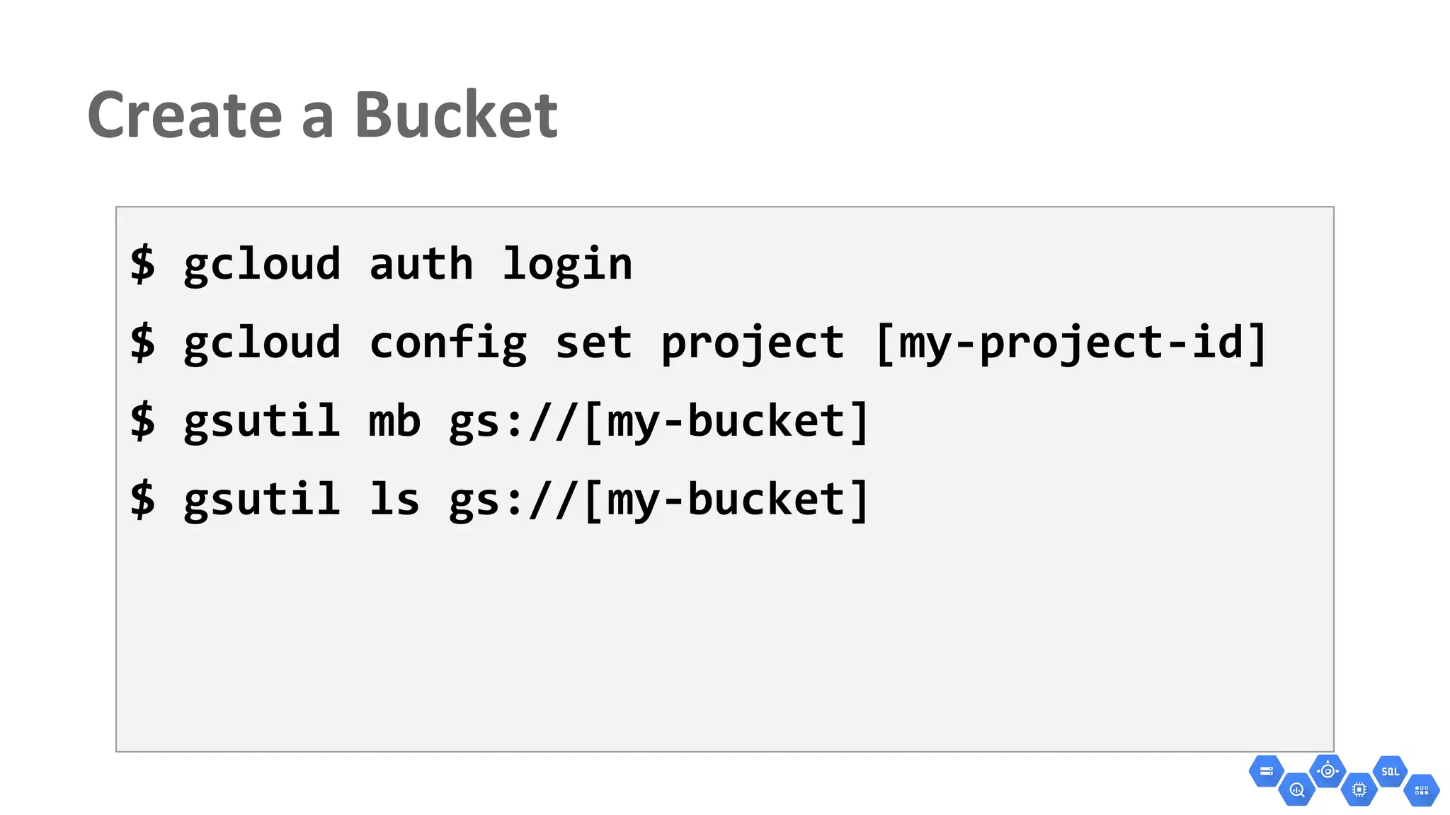 $ gcloud auth login
$ gcloud config set project [my-project-id]
$ gsutil mb gs://[my-bucket]
$ gsutil ls gs://[my-bucket]
 