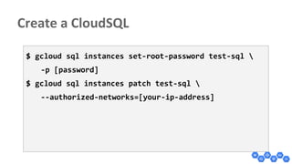 $ gcloud sql instances set-root-password test-sql 
-p [password]
$ gcloud sql instances patch test-sql 
--authorized-networks=[your-ip-address]
 