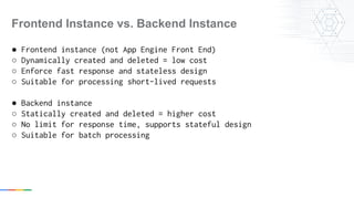 ● Frontend instance (not App Engine Front End)
○ Dynamically created and deleted = low cost
○ Enforce fast response and stateless design
○ Suitable for processing short-lived requests
● Backend instance
○ Statically created and deleted = higher cost
○ No limit for response time, supports stateful design
○ Suitable for batch processing
Frontend Instance vs. Backend Instance
 