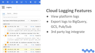 Cloud Logging Features
● View platform logs
● Export logs to BigQuery,
GCS, Pub/Sub
● 3rd party log integrate
 