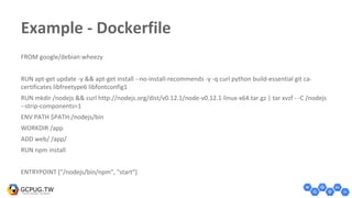 Example - Dockerfile
FROM google/debian:wheezy
RUN apt-get update -y && apt-get install --no-install-recommends -y -q curl python build-essential git ca-
certificates libfreetype6 libfontconfig1
RUN mkdir /nodejs && curl http://nodejs.org/dist/v0.12.1/node-v0.12.1-linux-x64.tar.gz | tar xvzf - -C /nodejs
--strip-components=1
ENV PATH $PATH:/nodejs/bin
WORKDIR /app
ADD web/ /app/
RUN npm install
ENTRYPOINT ["/nodejs/bin/npm", "start"]
 