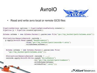 • Read and write avro local or remote GCS files
 