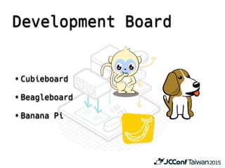 Development Board
• Cubieboard
• Beagleboard
• Banana Pi
 