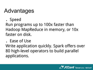 Advantages
．Speed
Run programs up to 100x faster than
Hadoop MapReduce in memory, or 10x
faster on disk.
．Ease of Use
Write application quickly. Spark offers over
80 high-level operators to build parallel
applications.
 