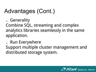 Advantages (Cont.)
．Generality
Combine SQL, streaming and complex
analytics libraries seamlessly in the same
application.
．Run Everywhere
Support multiple cluster management and
distributed storage system.
 