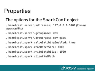 Properties
The options for the SparkConf object
．hazelcast.server.addresses: 127.0.0.1:5701 (Comma
separated list)
．hazelcast.server.groupName: dev
．hazelcast.server.groupPass: dev-pass
．hazelcast.spark.valueBatchingEnabled: true
．hazelcast.spark.readBatchSize: 1000
．hazelcast.spark.writeBatchSize: 1000
．hazelcast.spark.clientXmlPath
 