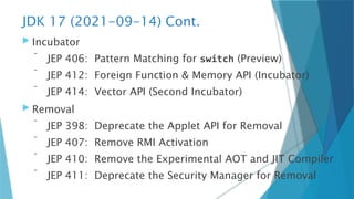JDK 17 (2021-09-14) Cont.
 Incubator
 JEP 406: Pattern Matching for switch (Preview)
 JEP 412: Foreign Function & Memory API (Incubator)
 JEP 414: Vector API (Second Incubator)
 Removal
 JEP 398: Deprecate the Applet API for Removal
 JEP 407: Remove RMI Activation
 JEP 410: Remove the Experimental AOT and JIT Compiler
 JEP 411: Deprecate the Security Manager for Removal
 