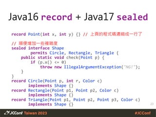 Java16 record + Java17 sealed
23
record Point(int x, int y) {} // 上頁的程式碼濃縮成一行了
// 順便增加一些複雜度
sealed interface Shape
permits Circle, Rectangle, Triangle {
public static void check(Point p) {
if (p.x() <= 0)
throw new IllegalArgumentException("NG!");
}
}
record Circle(Point p, int r, Color c)
implements Shape {}
record Rectangle(Point p1, Point p2, Color c)
implements Shape {}
record Triangle(Point p1, Point p2, Point p3, Color c)
implements Shape {}
 
