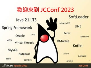歡迎來到 JCConf 2023
4
Virtual Threads
Spring Framework
Kotlin
JVM
Jakarta EE
GraalVM
Scala
Android
Redis
MySQL
VMware
Lombok Javalin
AWS
Azure
LINE
Autopass
Java 21 LTS
SoftLeader
Oracle
 
