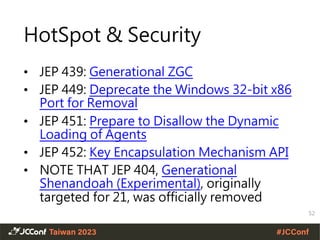 HotSpot & Security
• JEP 439: Generational ZGC
• JEP 449: Deprecate the Windows 32-bit x86
Port for Removal
• JEP 451: Prepare to Disallow the Dynamic
Loading of Agents
• JEP 452: Key Encapsulation Mechanism API
• NOTE THAT JEP 404, Generational
Shenandoah (Experimental), originally
targeted for 21, was officially removed
52
 