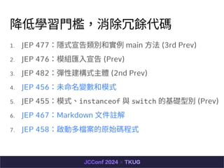͌W?Na
1. JEP 477[ʽe͌ main ? (3rd Prev)
2. JEP 476ģMR? (Prev)
3. JEP 482Խʽw (2nd Prev)
4. JEP 456δ׃ģʽ
5. JEP 455ģʽinstanceof c switch ĻÄ́e (Prev)
6. JEP 467Markdown ?]
7. JEP 458Ӷnԭʼaʽ
 