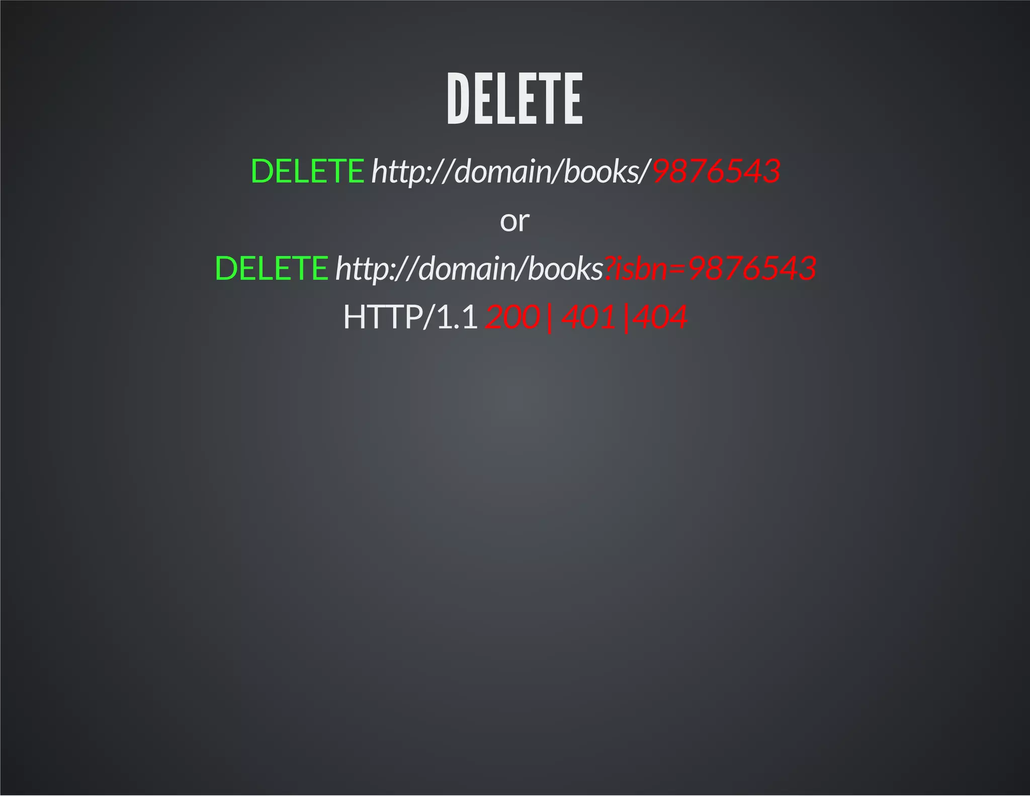 DELETE
DELETE http://domain/books/9876543
or
DELETE http://domain/books?isbn=9876543
HTTP/1.1 200 | 401 |404
 