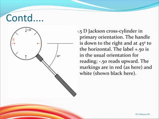 Contd....
0.5 D Jackson cross-cylinder in
primary orientation. The handle
is down to the right and at 45º to
the horizontal. The label +.50 is
in the usual orientation for
reading; -.50 reads upward. The
markings are in red (as here) and
white (shown black here).
JCC(Sharma IP)
 