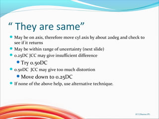 “ They are same”
May be on axis, therefore move cyl axis by about 20deg and check to
see if it returns
May be within range of uncertainty (next slide)
0.25DC JCC may give insufficient difference
Try 0.50DC
0.50DC JCC may give too much distortion
Move down to 0.25DC
If none of the above help, use alternative technique.
JCC(Sharma IP)
 
