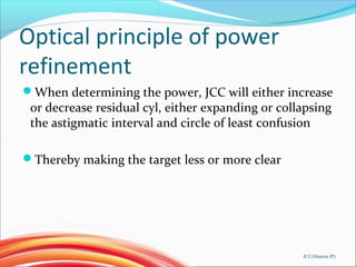Optical principle of power
refinement
When determining the power, JCC will either increase
or decrease residual cyl, either expanding or collapsing
the astigmatic interval and circle of least confusion
Thereby making the target less or more clear
JCC(Sharma IP)
 