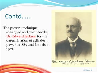Contd.....
The present technique
-designed and described by
Dr. Edward Jackson for the
determination of cylinder
power in 1887 and for axis in
1907.
JCC(Sharma IP)
 