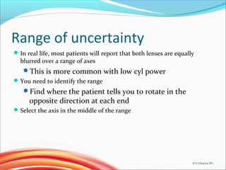 Range of uncertainty
In real life, most patients will report that both lenses are equally
blurred over a range of axes
T...