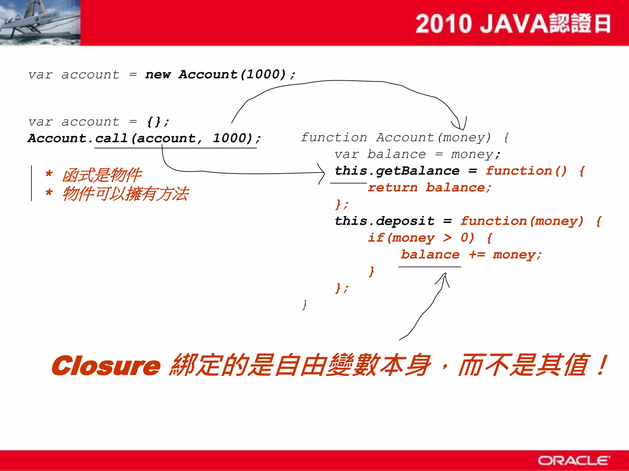 var account = new Account(1000); var account = {}; Account.call(account, 1000); function Account(money) { var balance = money; * 函式是物件 this.getBalance = function() { return balance; * 物件可以擁有方法 }; this.deposit = function(money) { if(money > 0) { balance += money; } }; } Closure 綁定的是自由變數本身，而不是其值！ 