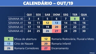 QUI SEX SAB DOM SEG TER QUA
SEMANA 40 3 4 5 6 7 8 9
SEMANA 41 10 11 12 13 14 15 16
SEMANA 42 17 18 19 20 21 22 23
SEMANA 43 24 25 26 27 28 29 30
CALENDÁRIO – OUT/19
13
8 12Missa de abertura Romaria Rodoviária, Fluvial e Moto
Círio de Nazaré Romaria Infantil
27 Encerramento
20
26 Romaria Corredores
 