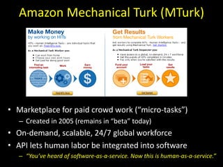 • Marketplace for paid crowd work (“micro-tasks”)
– Created in 2005 (remains in “beta” today)
• On-demand, scalable, 24/7 global workforce
• API lets human labor be integrated into software
– “You’ve heard of software-as-a-service. Now this is human-as-a-service.”
Amazon Mechanical Turk (MTurk)
 