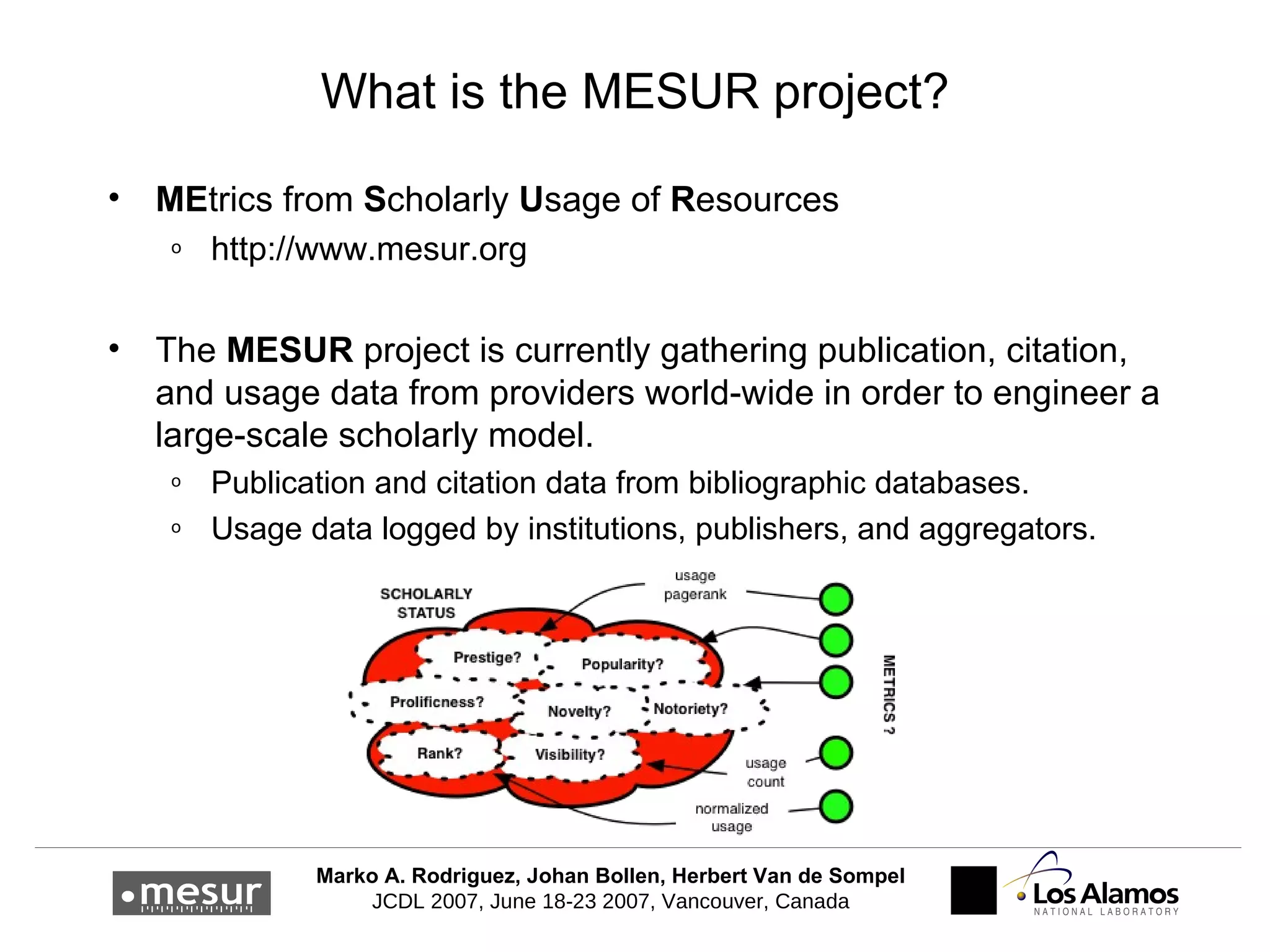 What is the MESUR project? ME trics from  S cholarly  U sage of  R esources http://www.mesur.org The  MESUR  project is currently gathering publication, citation, and usage data from providers world-wide in order to engineer a large-scale scholarly model. Publication and citation data from bibliographic databases. Usage data logged by institutions, publishers, and aggregators. 