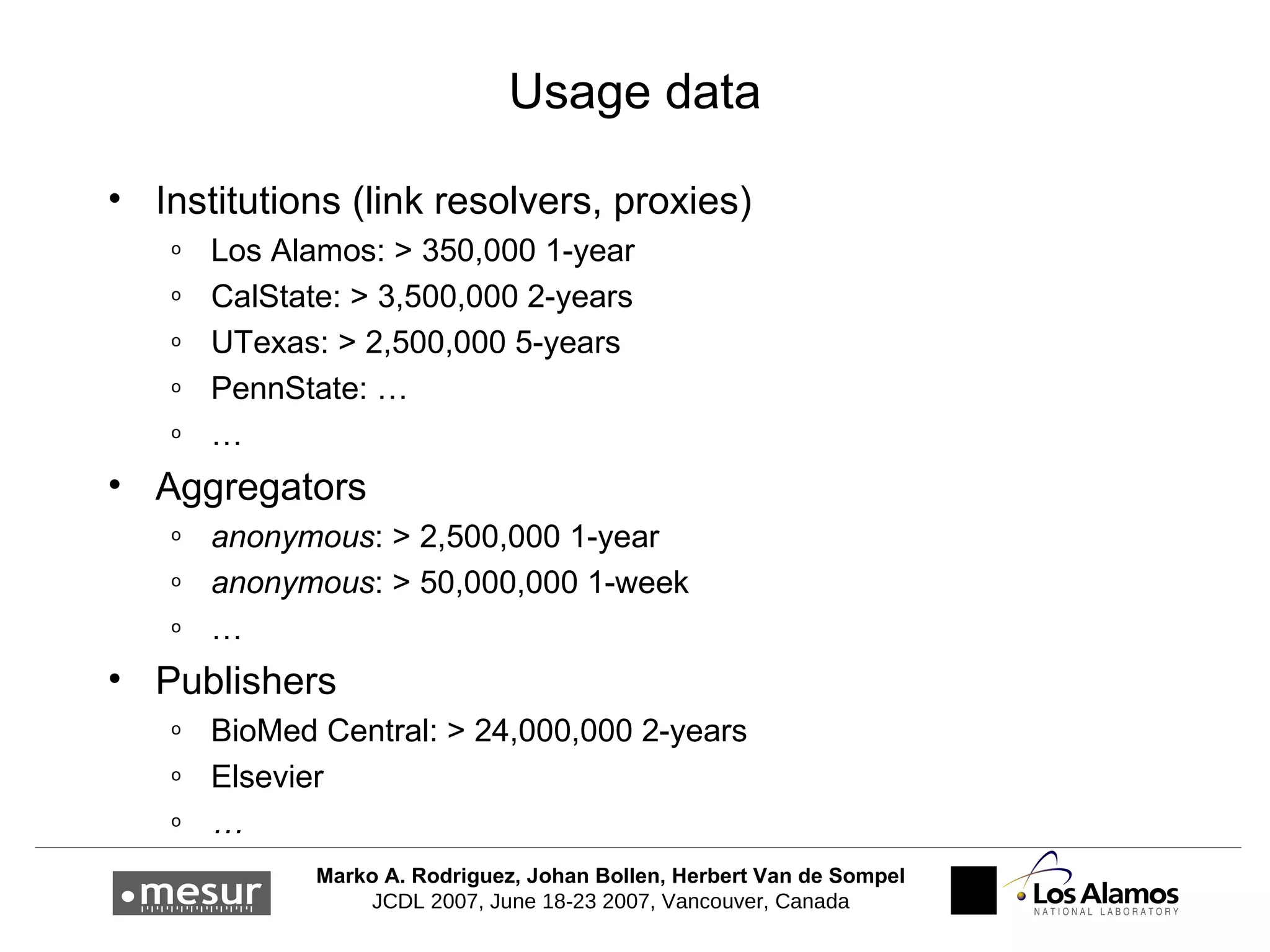 Usage data Institutions (link resolvers, proxies) Los Alamos: > 350,000 1-year CalState: >  3,500,000 2-years UTexas: > 2,500,000 5-years PennState: … … Aggregators anonymous : > 2,500,000 1-year anonymous : > 50,000,000 1-week … Publishers BioMed Central: > 24,000,000 2-years Elsevier … 