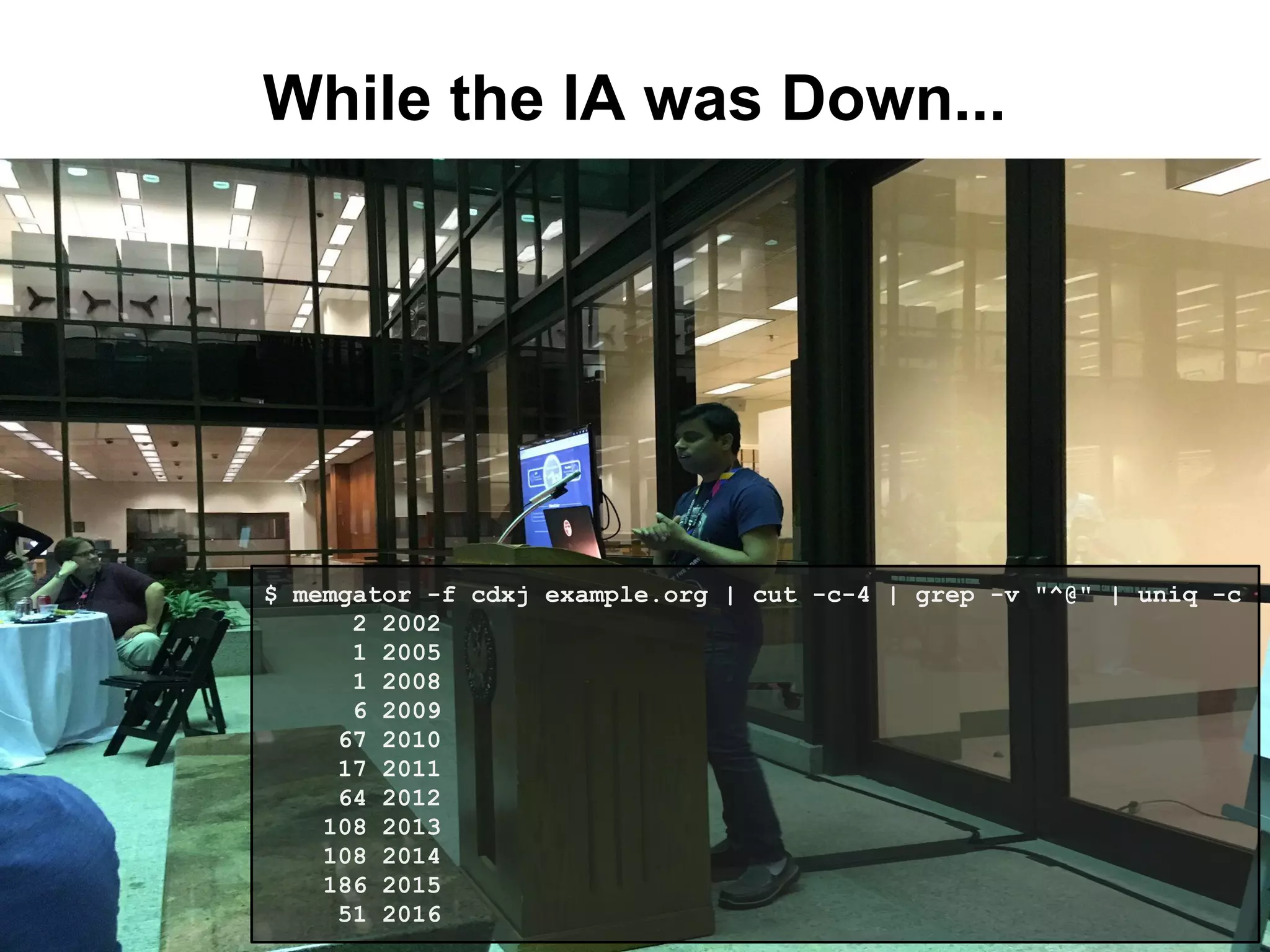 While the IA was Down...
$ memgator -f cdxj example.org | cut -c-4 | grep -v "^@" | uniq -c
2 2002
1 2005
1 2008
6 2009
67 2010
17 2011
64 2012
108 2013
108 2014
186 2015
51 2016
 