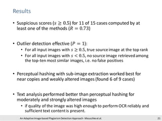 Results
An Adaptive Image-based PlagiarismDetection Approach- Meuschkeet al. 21
• Suspicious scores (𝑠 ≥ 0.5) for 11 of 15...