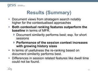 Results (Summary)
 Document views from stratagem search notably
higher for the contextualised approaches
 Both contextual ranking features outperform the
baseline in terms of MFR.
 Document similarity performs best; esp. for short
sessions
 Performance of the session context increases
with growing history sizes
 In terms of usefulness the re-ranking based on
document similarity performs best.
 Differences in session related features like dwell time
could not be found.
17
 