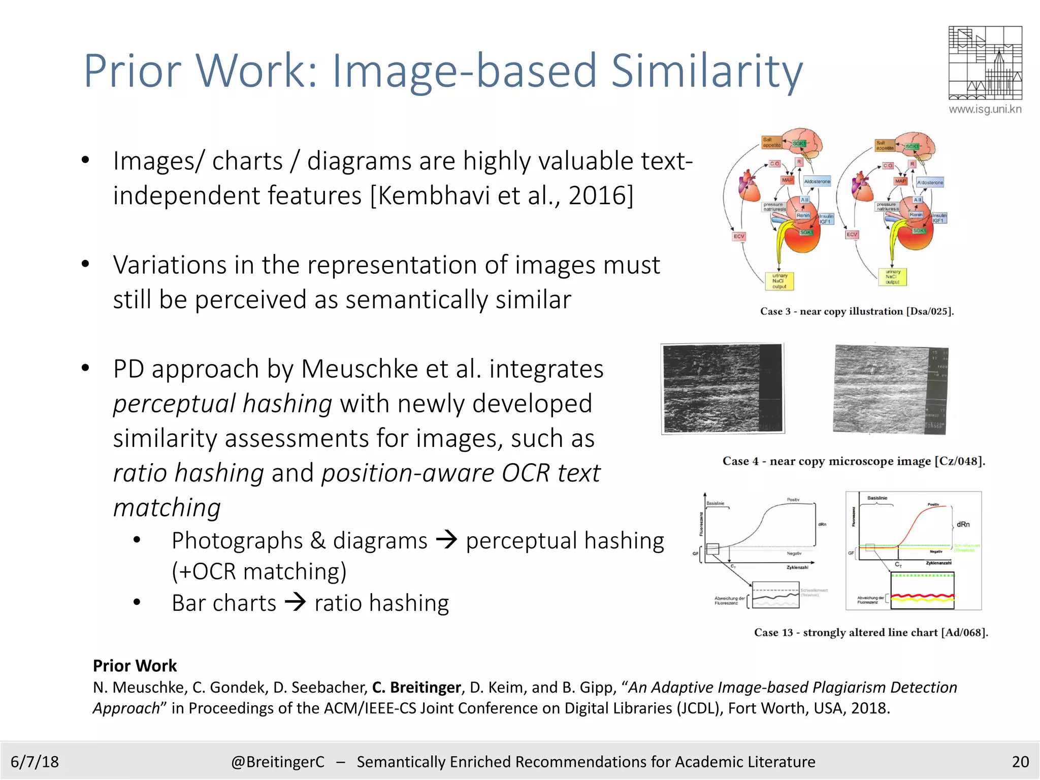Prior Work: Image-based Similarity
6/7/18 @BreitingerC – Semantically Enriched Recommendations for Academic Literature 20
Prior Work
N. Meuschke, C. Gondek, D. Seebacher, C. Breitinger, D. Keim, and B. Gipp, “An Adaptive Image-based Plagiarism Detection
Approach” in Proceedings of the ACM/IEEE-CS Joint Conference on Digital Libraries (JCDL), Fort Worth, USA, 2018.
• Images/ charts / diagrams are highly valuable text-
independent features [Kembhavi et al., 2016]
• Variations in the representation of images must
still be perceived as semantically similar
• PD approach by Meuschke et al. integrates
perceptual hashing with newly developed
similarity assessments for images, such as
ratio hashing and position-aware OCR text
matching
• Photographs & diagrams à perceptual hashing
(+OCR matching)
• Bar charts à ratio hashing
 