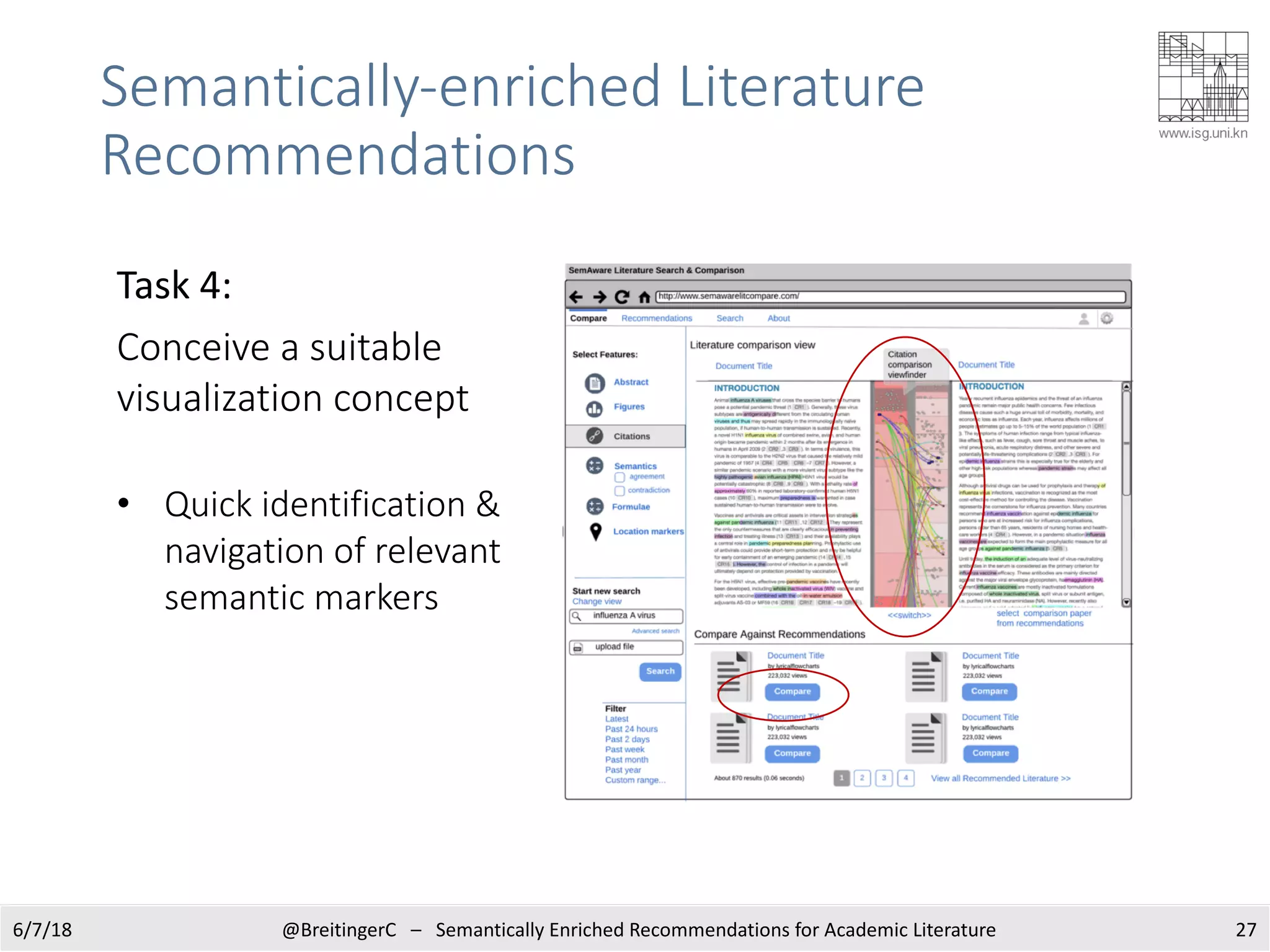 Semantically-enriched Literature
Recommendations
276/7/18 @BreitingerC – Semantically Enriched Recommendations for Academic Literature
Task 4:
Conceive a suitable
visualization concept
• Quick identification &
navigation of relevant
semantic markers
 