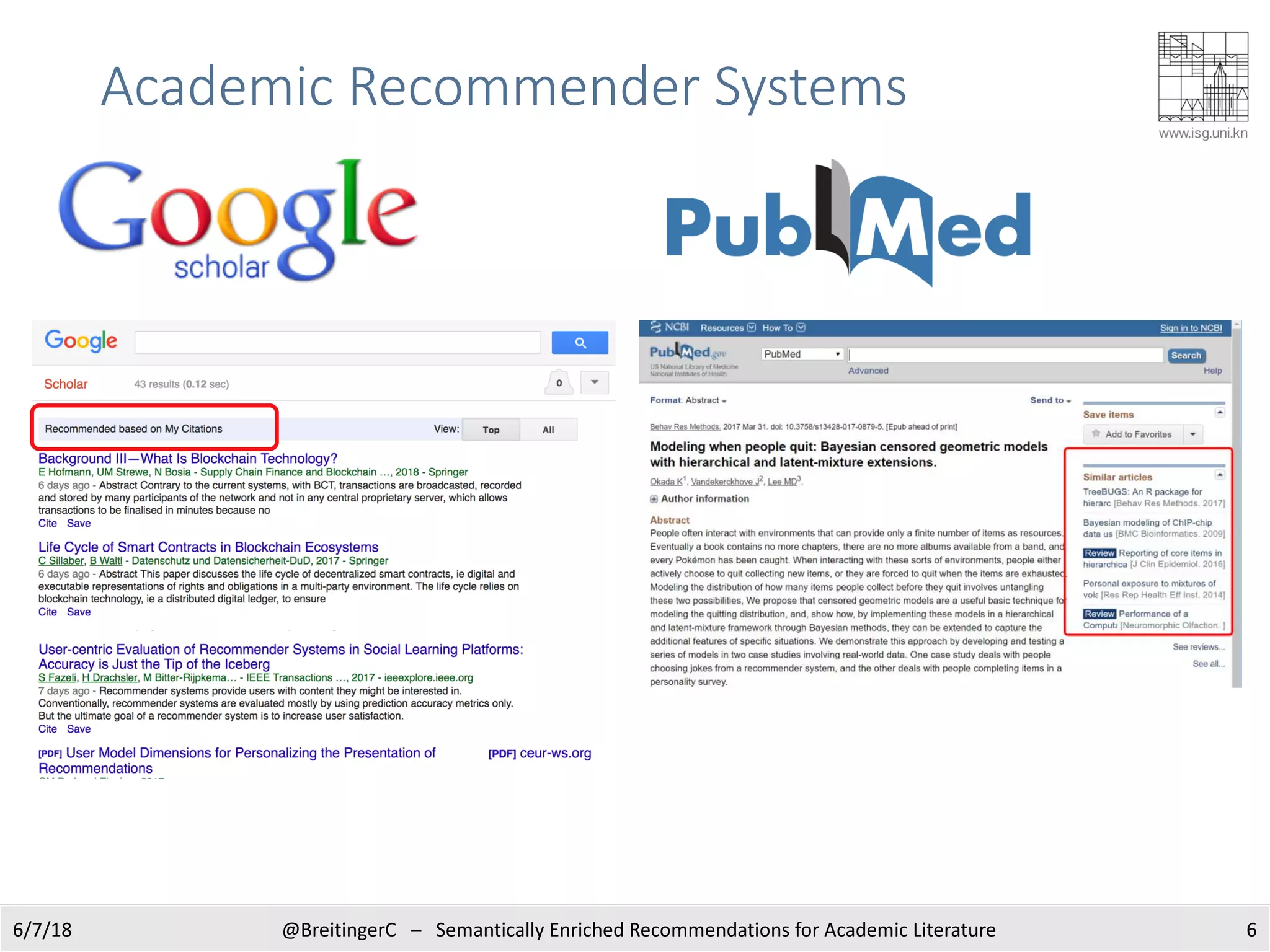 Academic Recommender Systems
66/7/18 @BreitingerC – Semantically Enriched Recommendations for Academic Literature
 